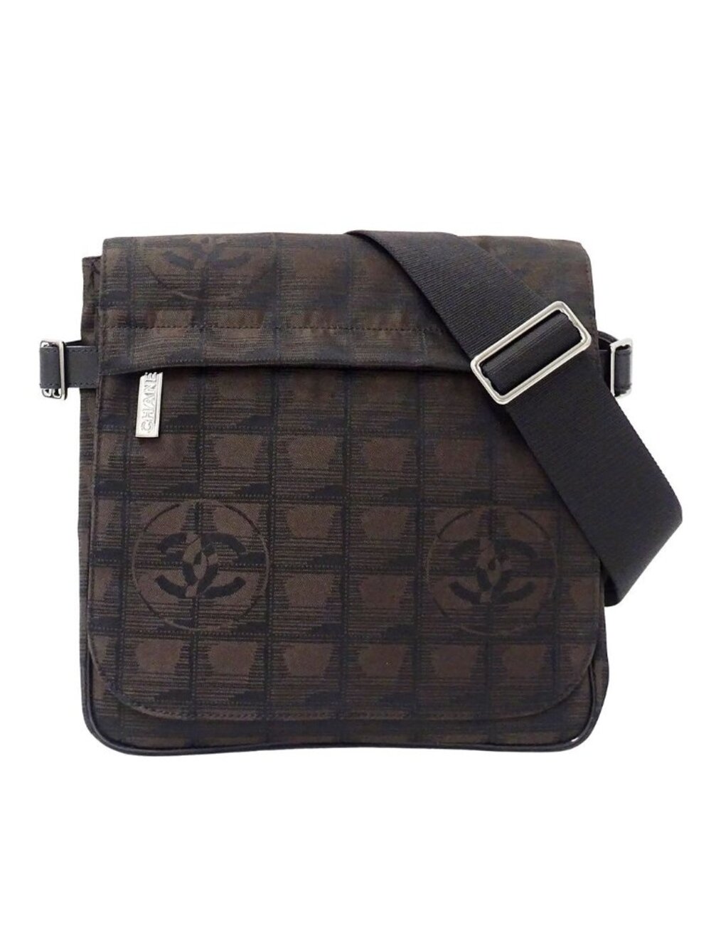 Chanel New Travel Shoulder Bag Nylon Dark Brown Silver